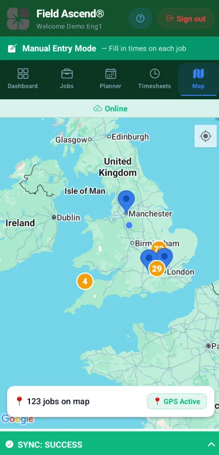 Field service mobile app showing GPS map with technician location and nearby job sites