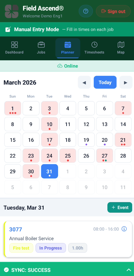 Field service engineer software planner and schedule view on mobile