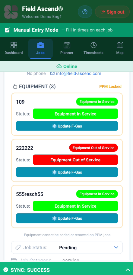 Field service engineer software PPM and equipment screen on mobile