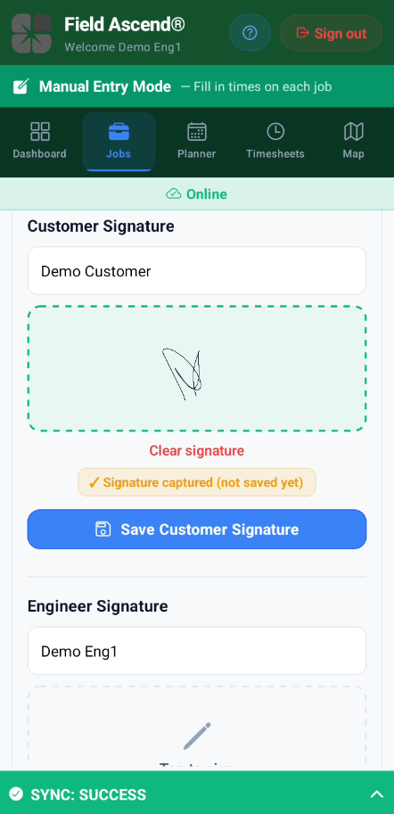 Field service engineer software digital signature capture on mobile
