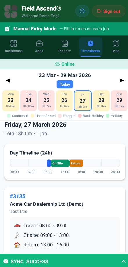 Field service engineer software timesheets view on mobile