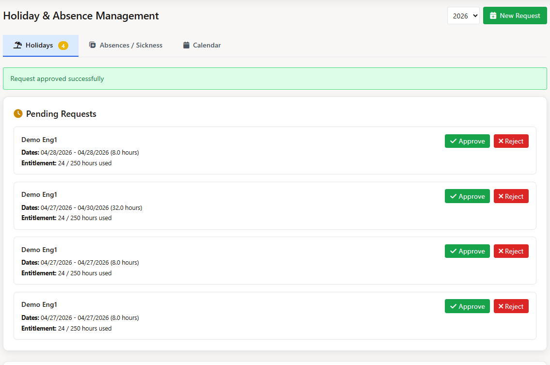 Manager approving a technician time-off request with team availability shown alongside