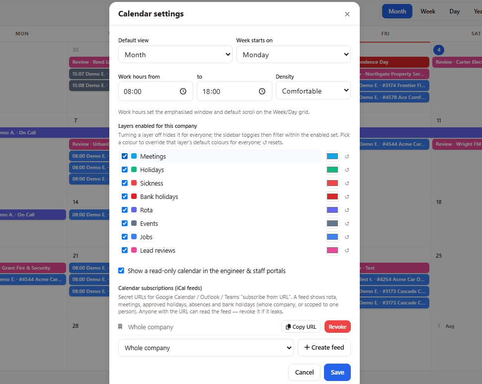 Field Ascend Calendar Settings showing the iCal feed manager where admins create whole-company and person-scoped subscription feeds