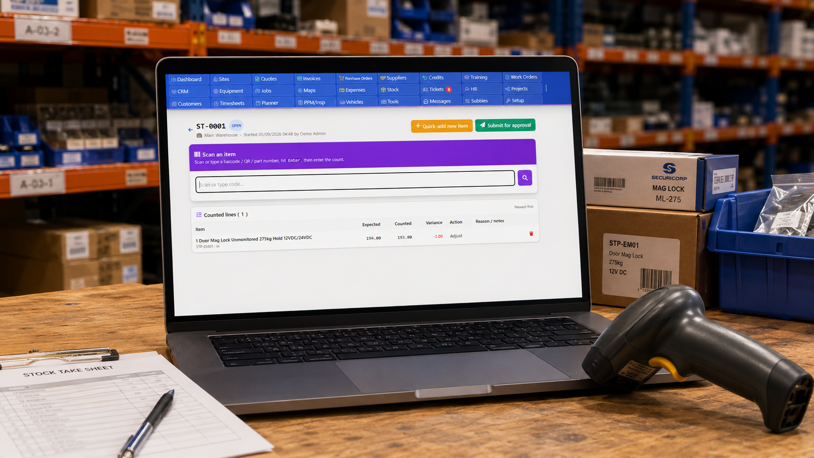 Field service stocktake screen showing counted quantities and stock variance checks