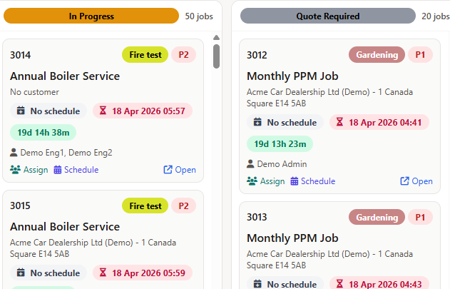 Field service Kanban board showing job status columns with drag-and-drop cards and live SLA countdowns