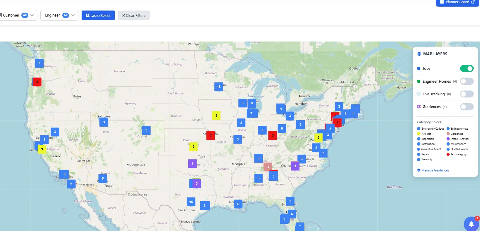Field Ascend live job map showing technician locations and dispatched work orders across the United States