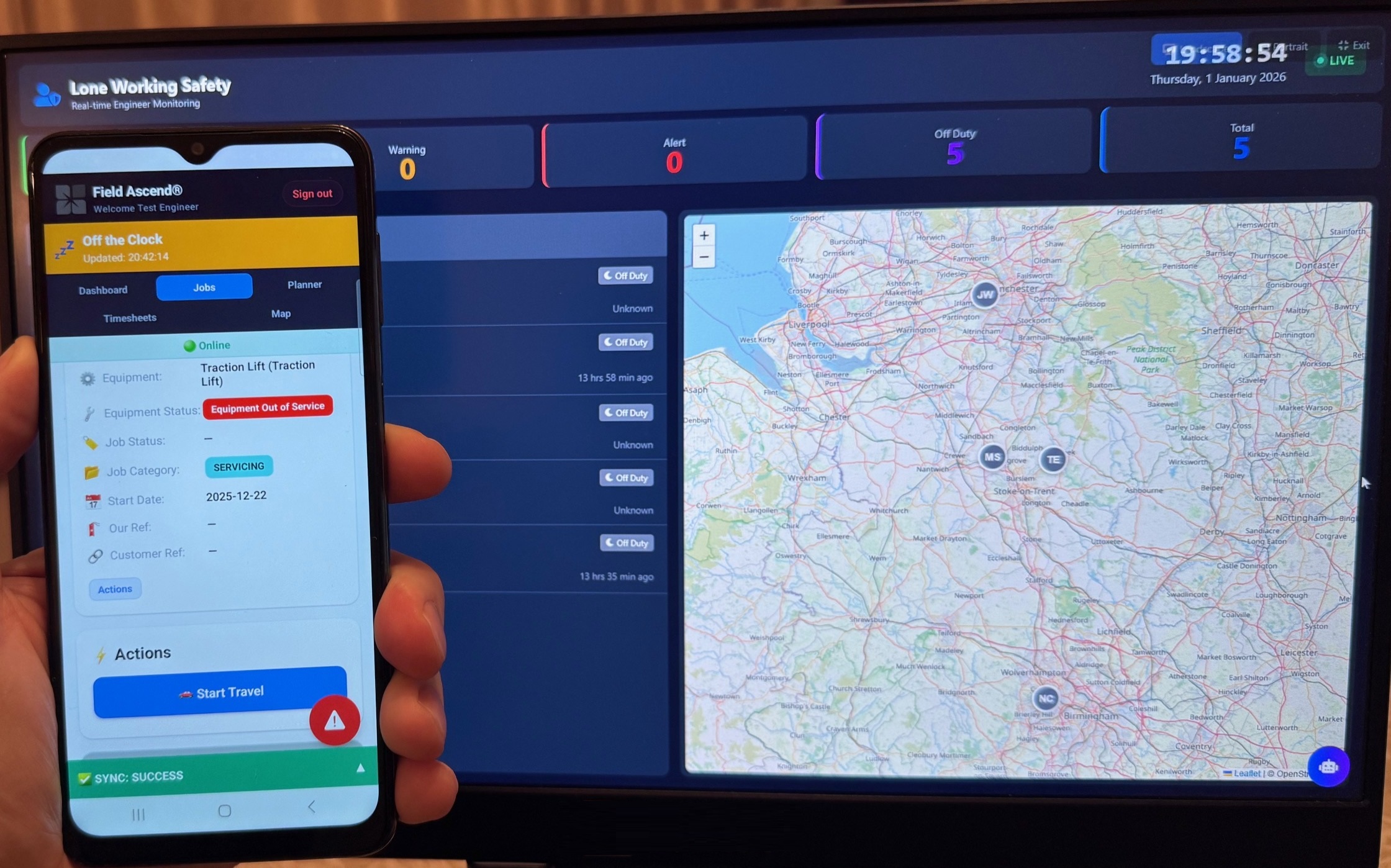 Field Ascend mobile field service app showing engineer job workflow and timesheets