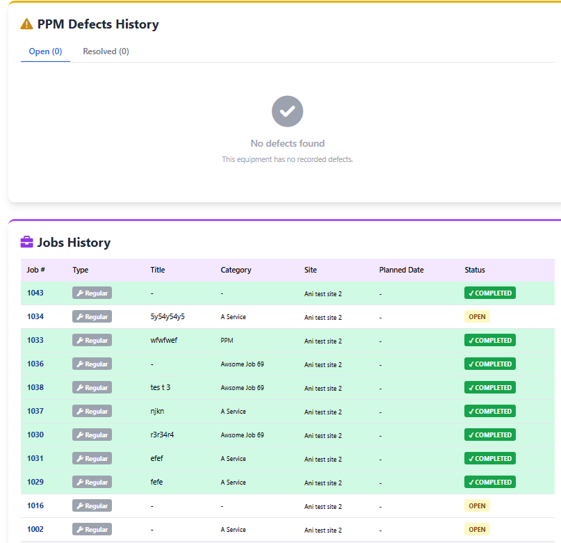Field Ascend PPM and asset tracking screen showing equipment history and compliance