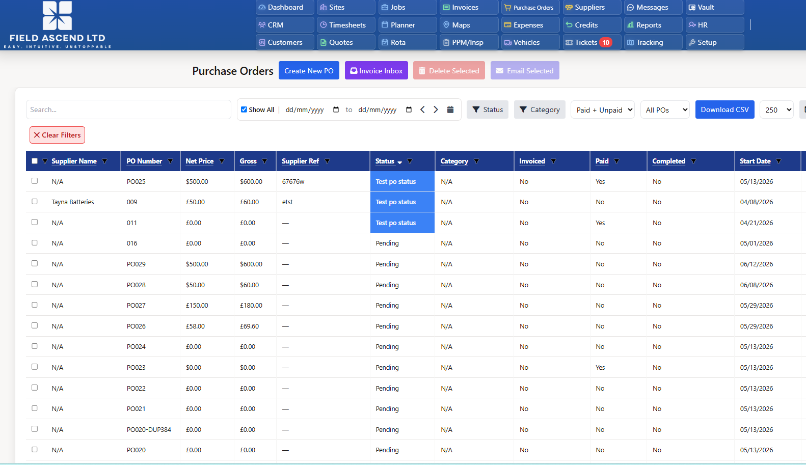 Field service purchase order software dashboard showing linked supplier spend and work order costs