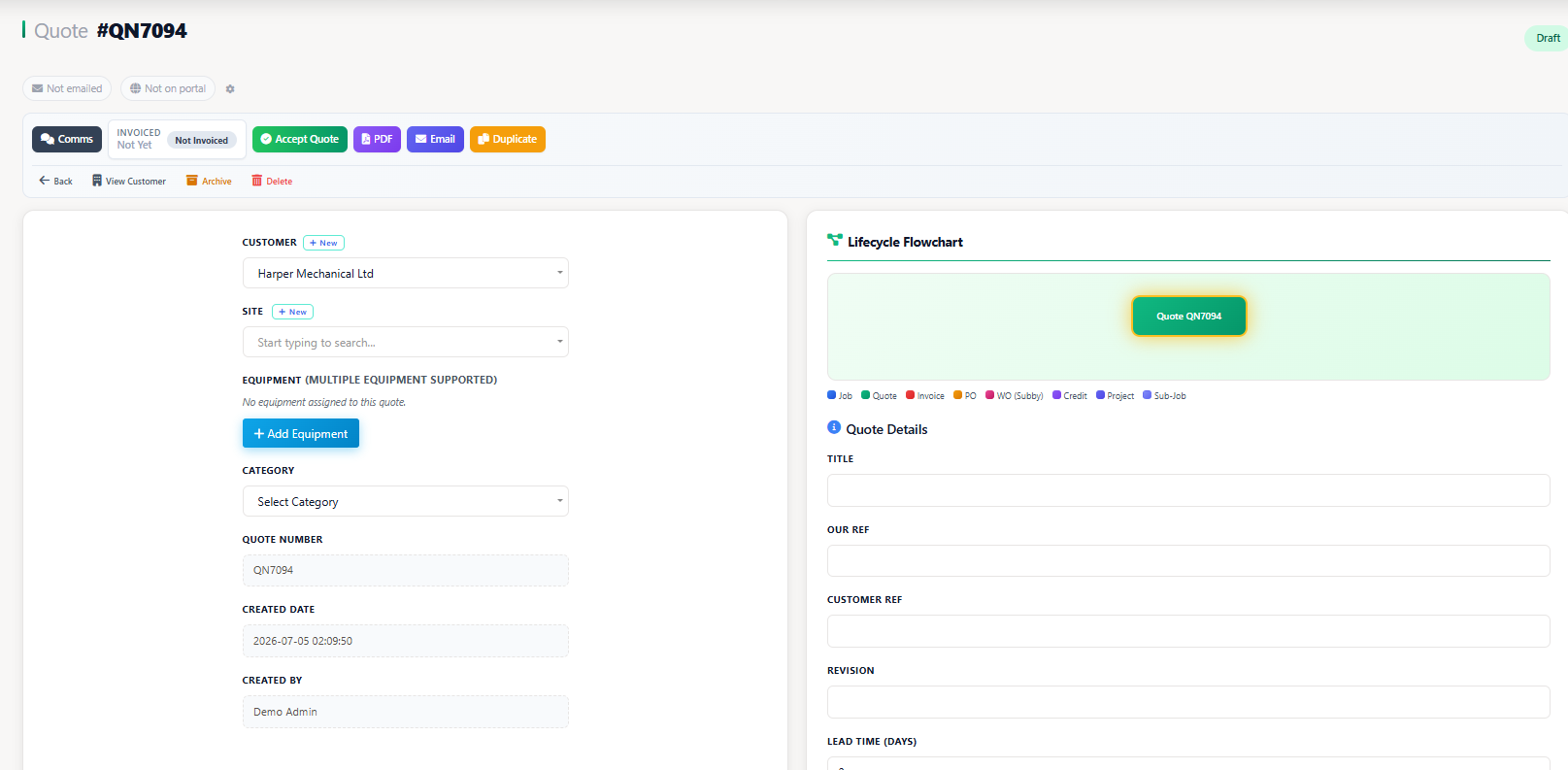 Creating a quote from a sales lead in field service CRM software with AI draft quote option