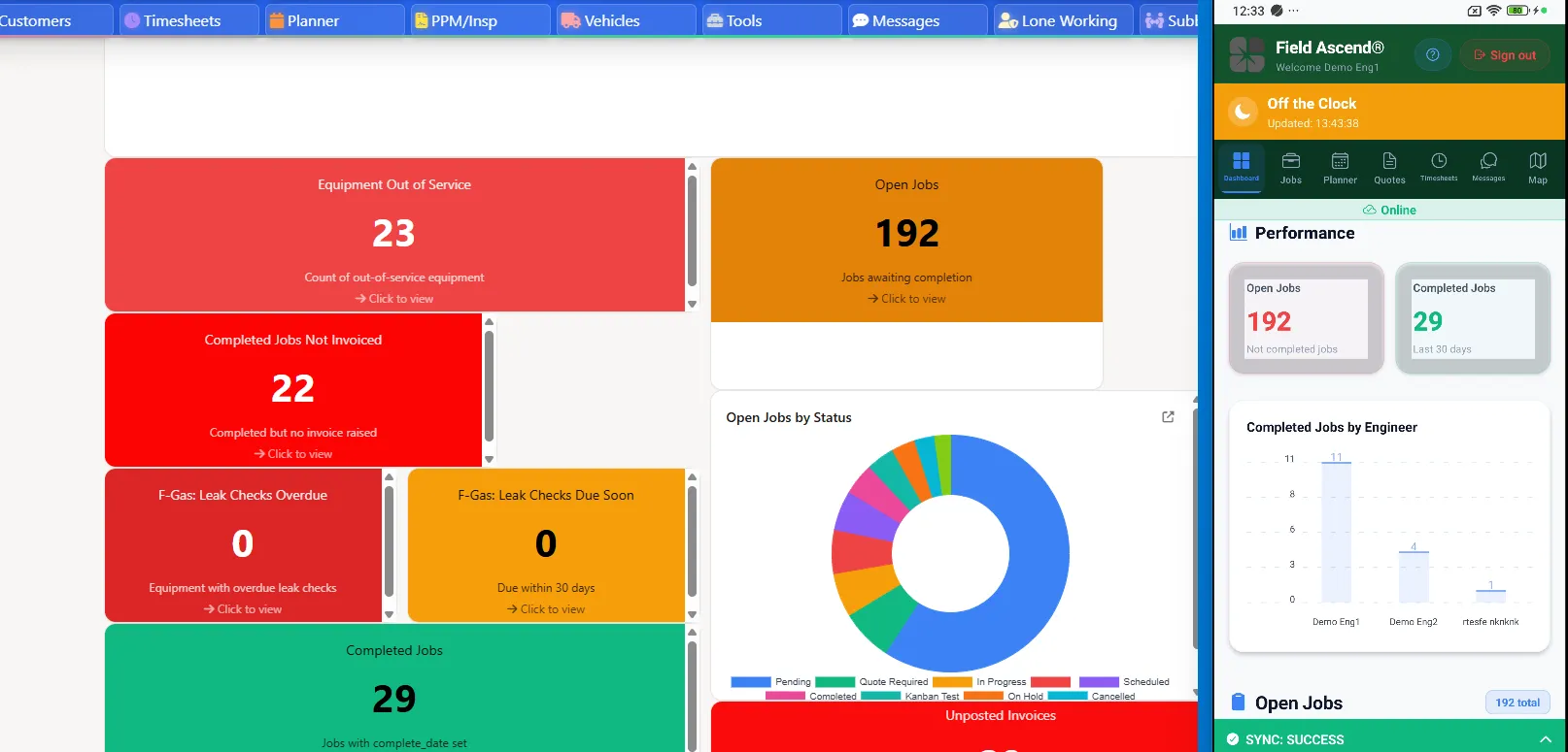 Field Ascend reporting dashboard showing job backlog, revenue timing, overdue invoices and technician utilization for a small US field service business