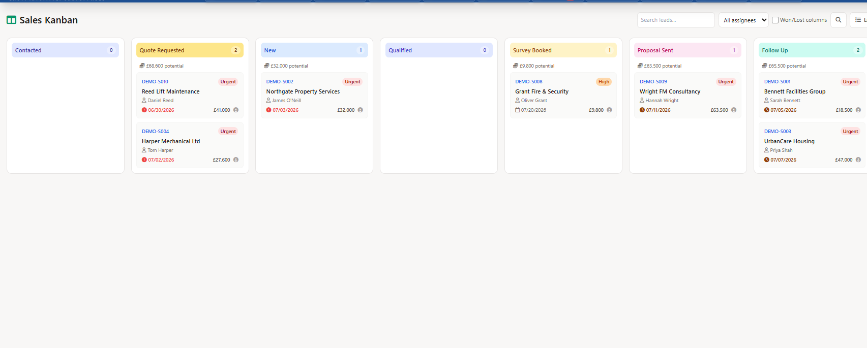 Contractor sales pipeline Kanban board showing field service leads in drag-and-drop stage columns
