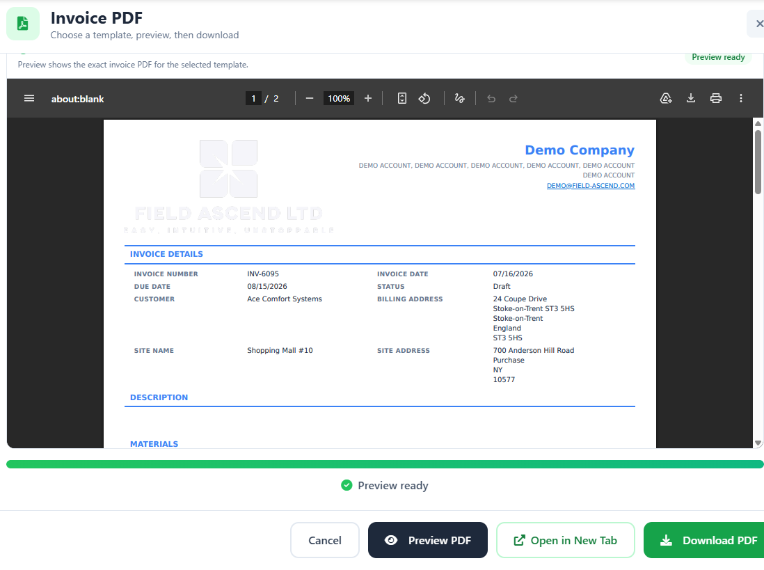 QuickBooks Online invoice from field service software showing taxable and non-taxable line statuses