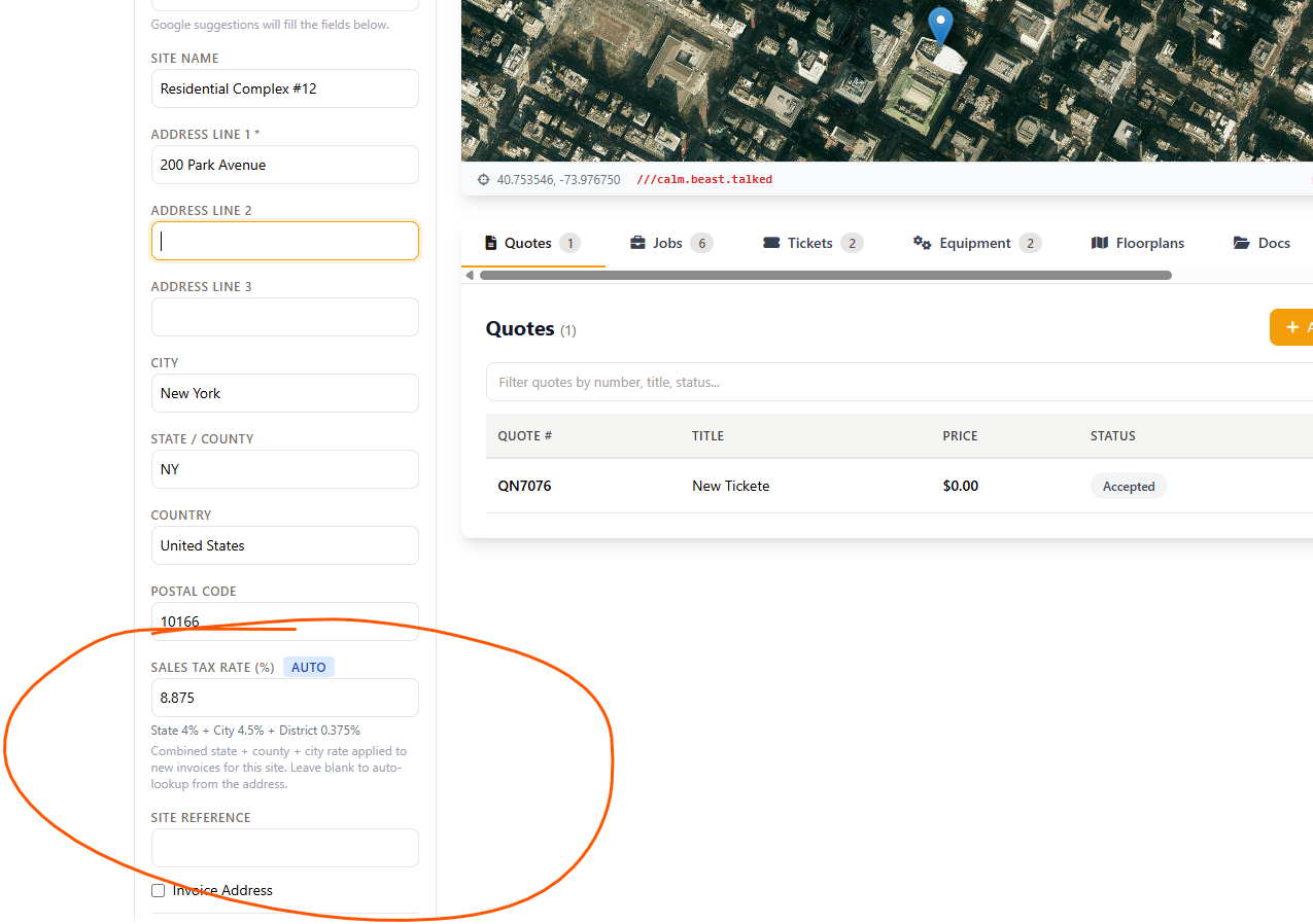 Field service sales tax software showing a job site's sales tax rate with automatic address lookup and jurisdiction breakdown