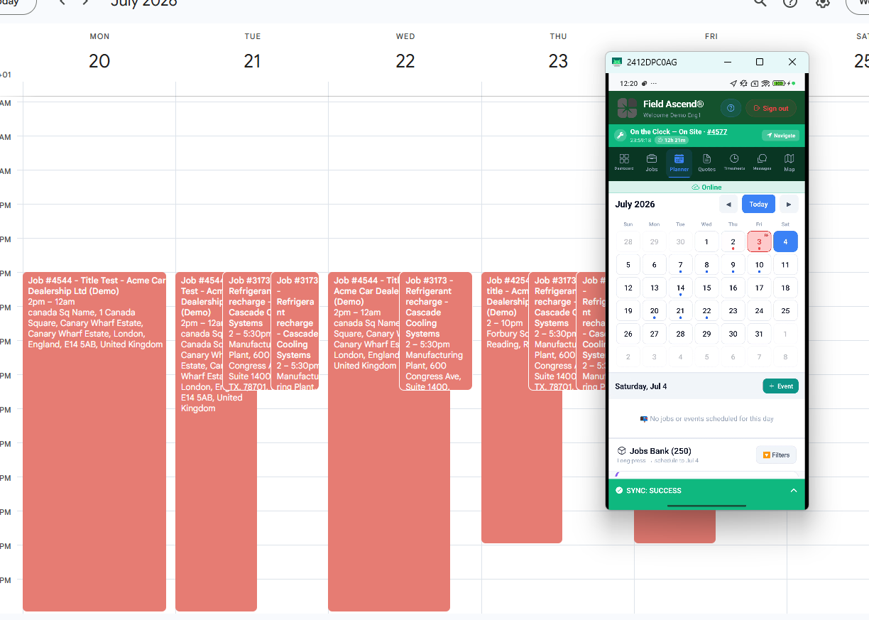 A field service schedule from an iCal feed displayed inside an external calendar app, showing rota shifts and approved holidays alongside personal events