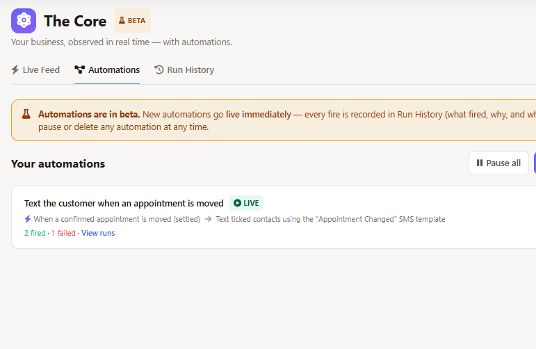 Automation rule builder configuring an SMS notification to send when a field service engineer starts travelling to a job