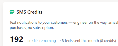 SMS credit balance and prepaid credit packs with auto top-up and monthly cap settings in field service software