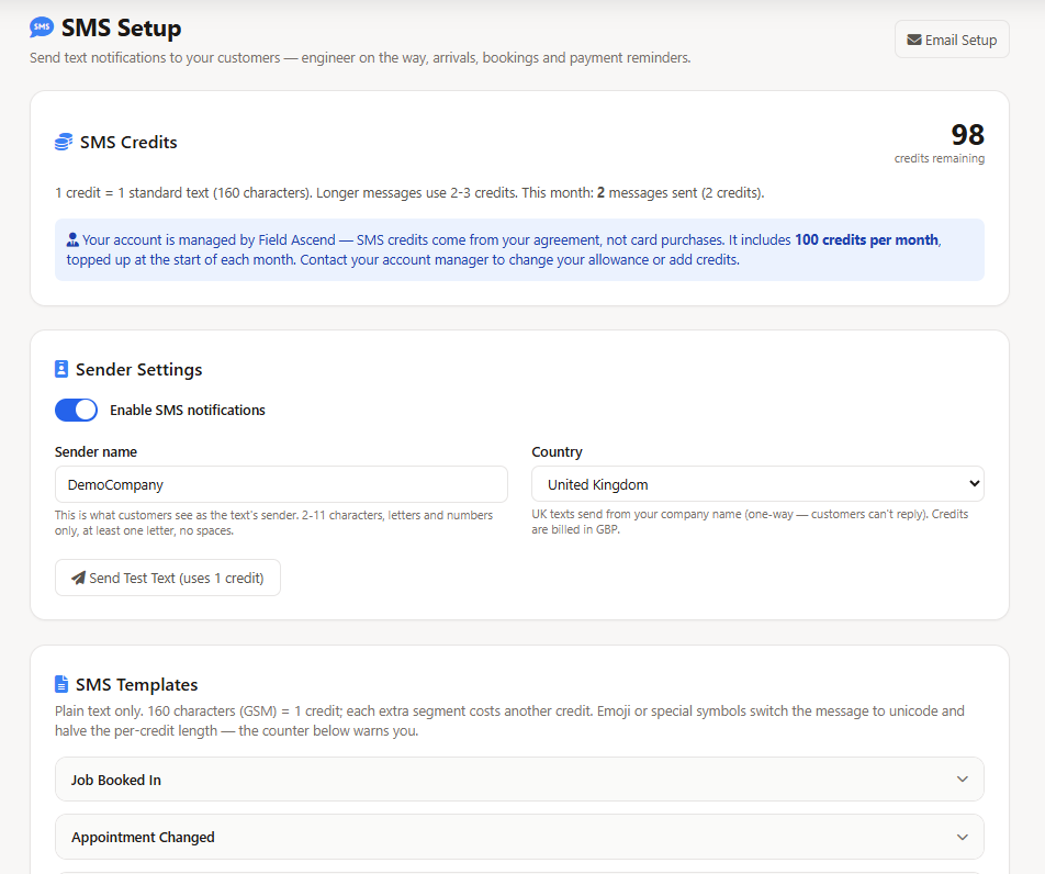 Field Ascend SMS setup showing editable customer text message templates for booking and on-the-way updates