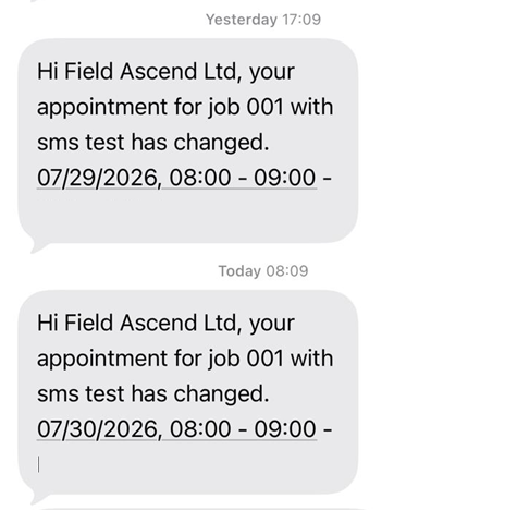 Customer's mobile phone showing an on-the-way text message from a field service company with the engineer's name and arrival time