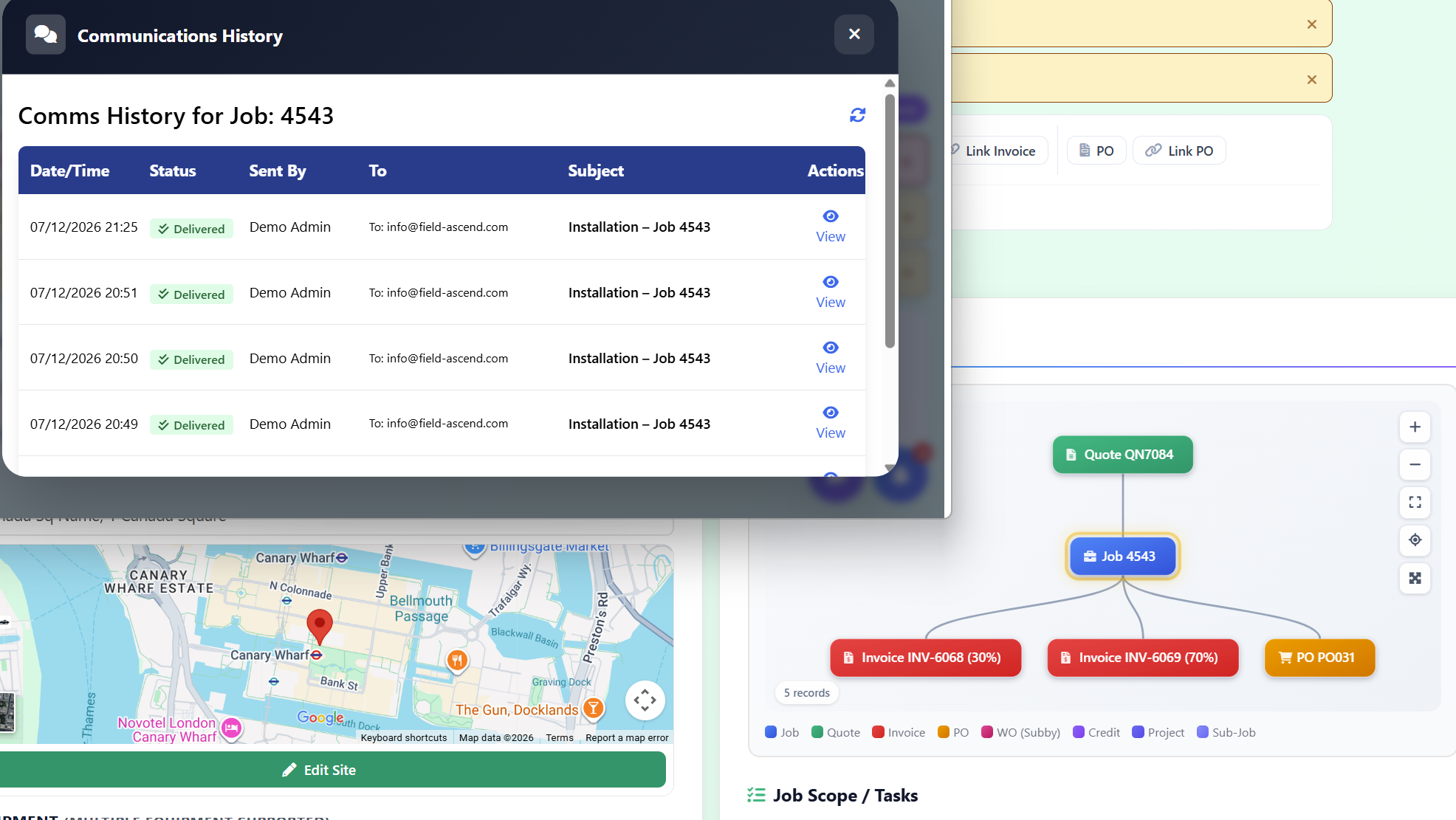 Field service software audit trail - job activity history with timestamps and signatures