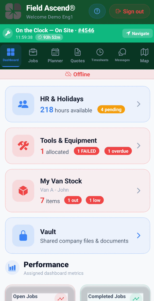 Field service software reliability - offline-first mobile app syncing job data from the field
