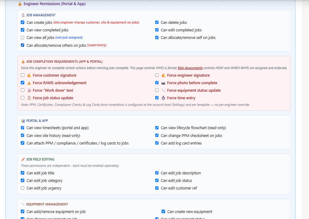 Field service software access control - granular admin and technician permission settings