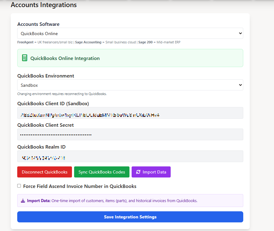 Field service software QuickBooks integration dashboard showing jobs, work orders, invoices and accounting workflow status