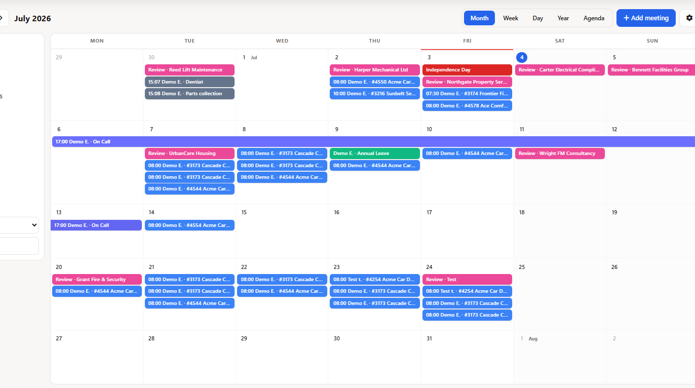 Field service team calendar month view showing scheduled jobs, approved time off, on-call schedule and holiday layers