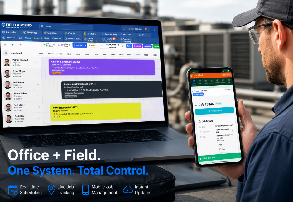 Field service technician at a U.S. job site using a tablet where the local sales tax rate follows the service address