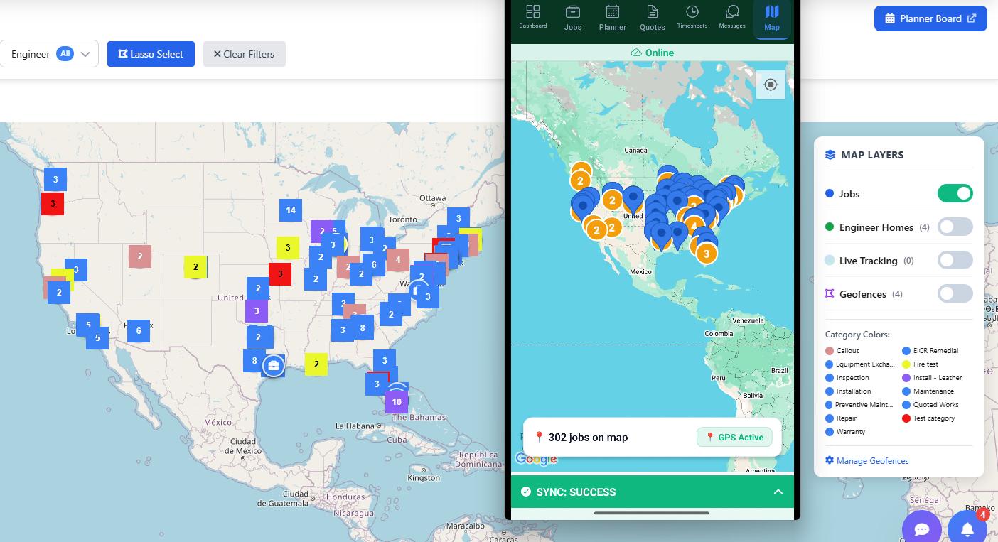 Field workforce dispatch map showing live technician locations job pins and status for workforce management