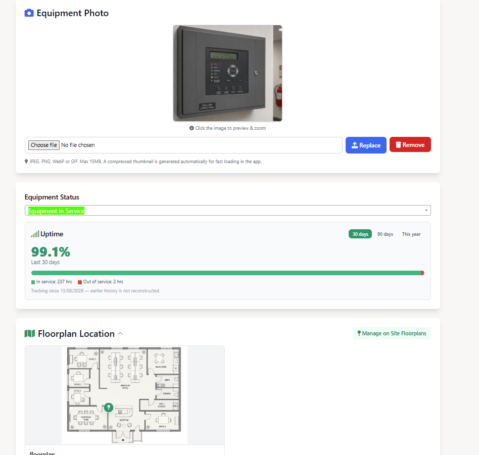 Fire alarm panel asset record with inspection history and deficiencies