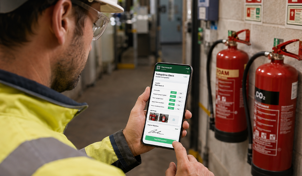 Fire protection technician completing a mobile fire extinguisher inspection checklist