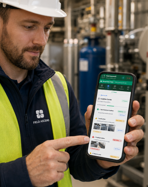 Mobile field service app showing technician job notes photos signatures and timesheet workflow