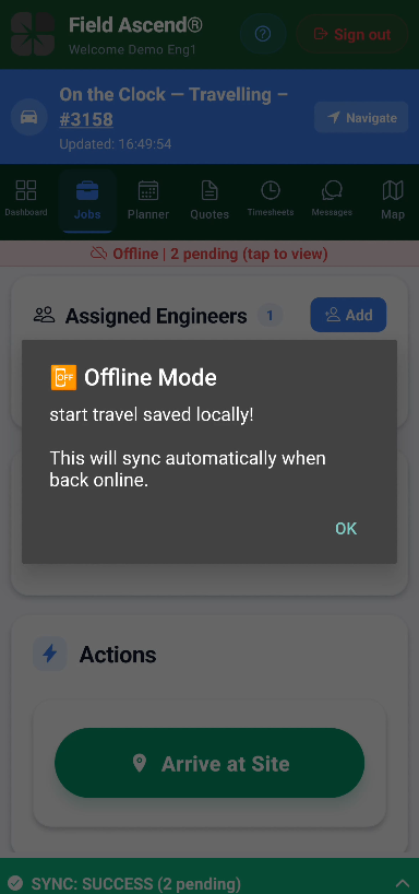 Field Ascend field service app on a phone showing an offline indicator and a sync queue of jobs waiting to upload