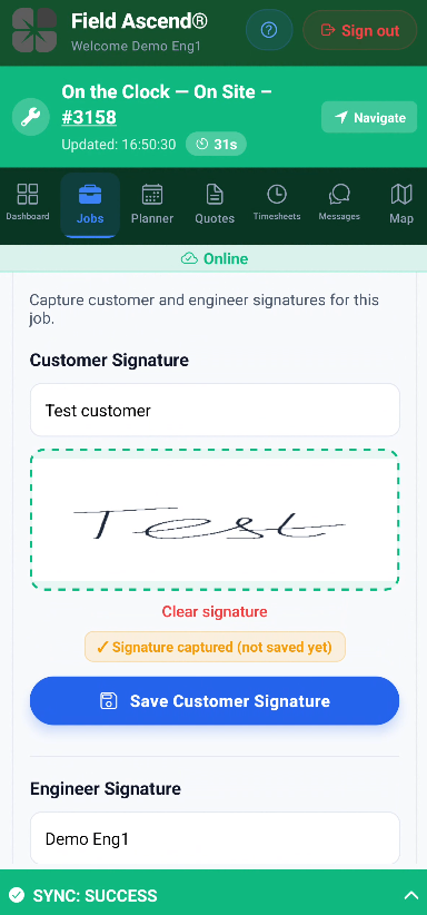 Field Ascend field service app on a phone showing a customer signature pad mid-sign with captured job photos
