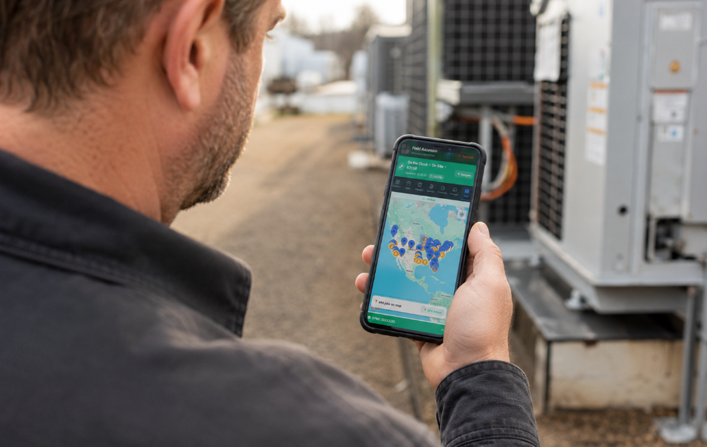 US field service technician using the Field Ascend mobile app on a phone on site