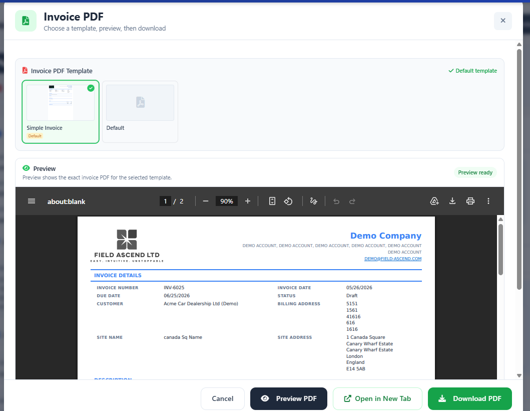 Branded invoice PDF generated automatically from a completed Field Ascend job, ready to send to the customer the same day