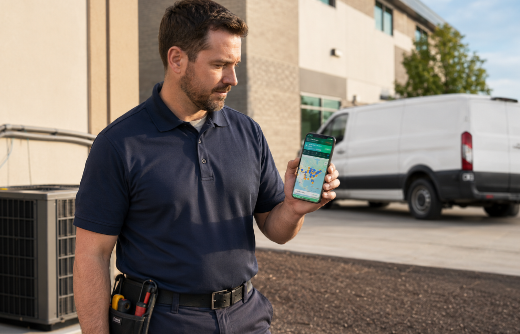HVAC field service technician using the Field Ascend mobile app on a US job site