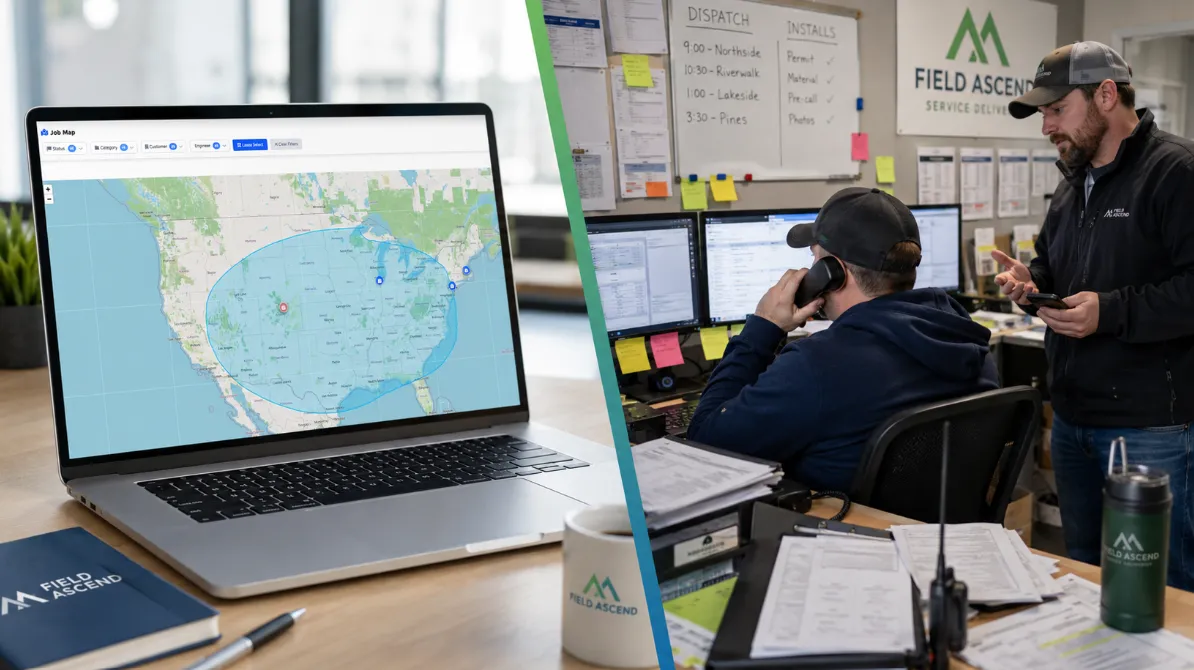 U.S. field service contractor comparing a polished FSM software sales demo with real dispatch and technician work