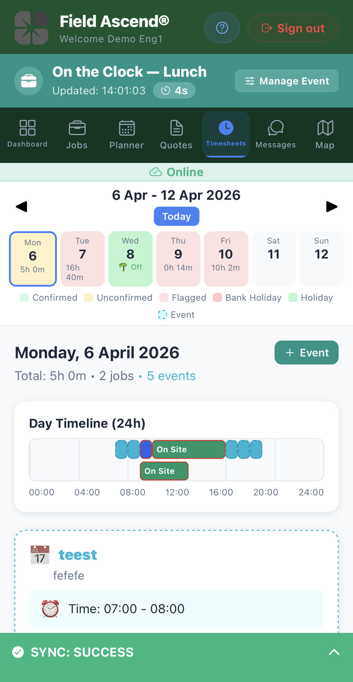 Field Ascend field service management app showing technician timesheets, planner events, and a day timeline on mobile