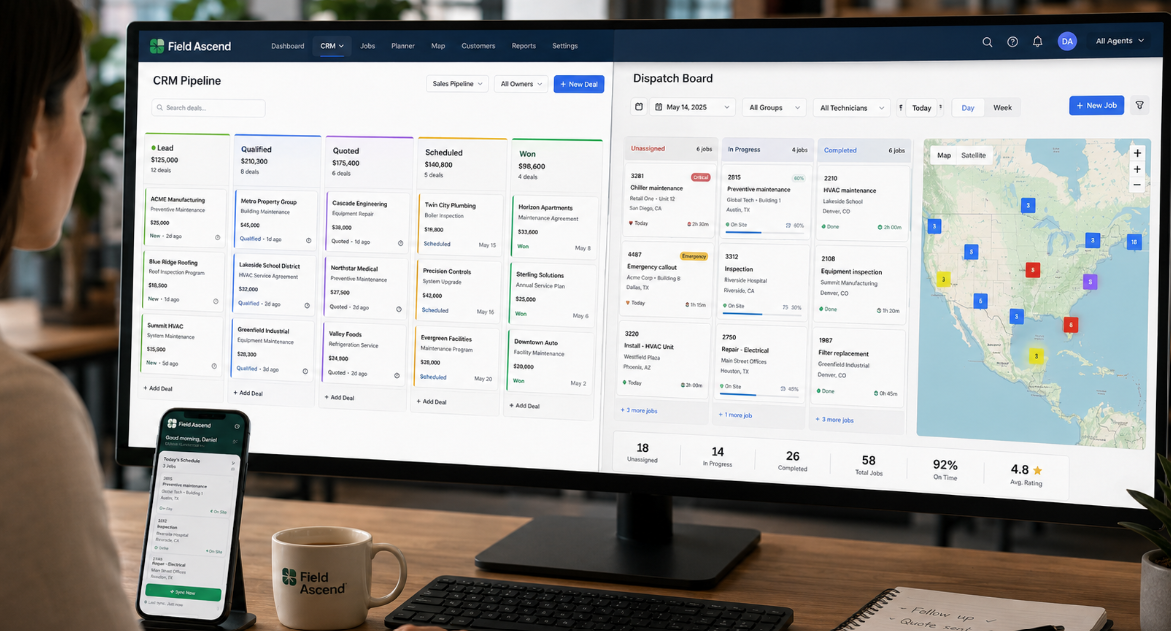 Generic CRM pipeline compared with an FSM dispatch board for field service work orders