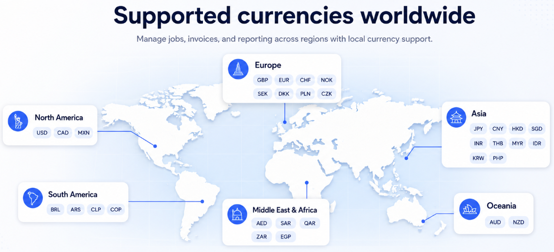 Global currency coverage map for Field Ascend field service software