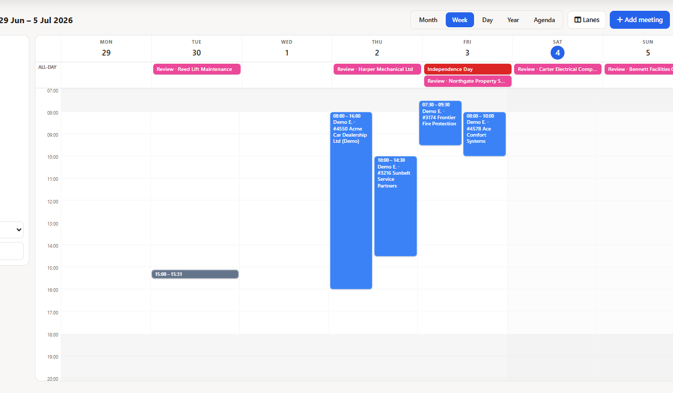 PTO-aware technician scheduling team calendar showing approved time off, sick leave, holidays, shifts and scheduled jobs overlaid in one view