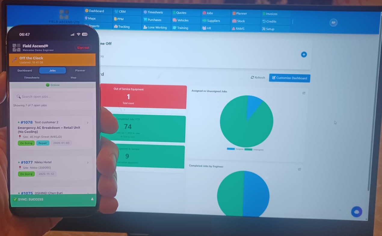 HVAC field service software dashboard showing job scheduling, engineer dispatch and PPM calendar for UK contractors
