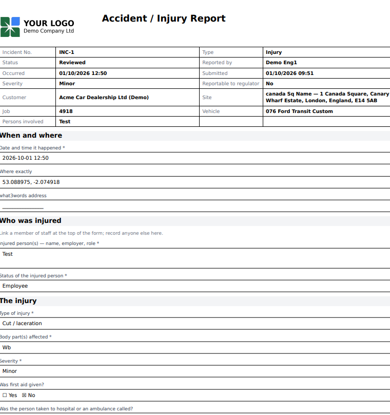 Injury report PDF, status Reviewed, with the answers filled in