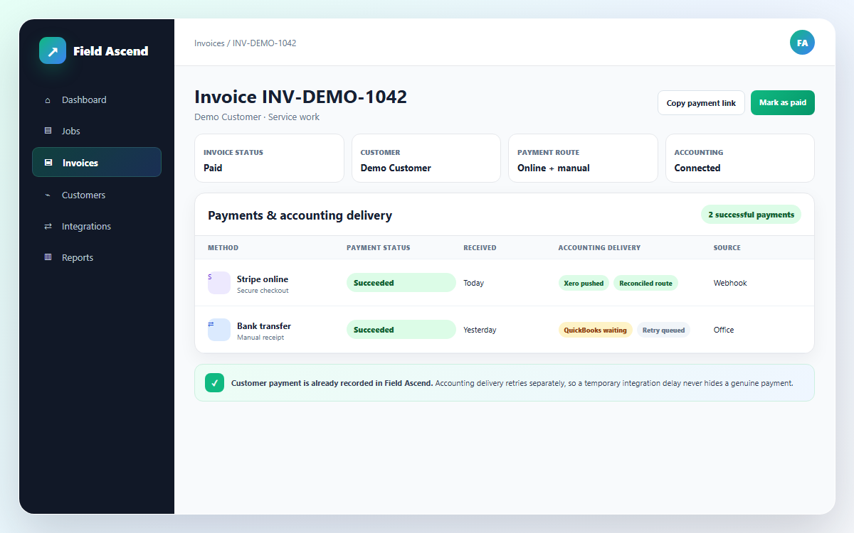 Invoice payment ledger and accounting sync status for Stripe, Xero and QuickBooks payments