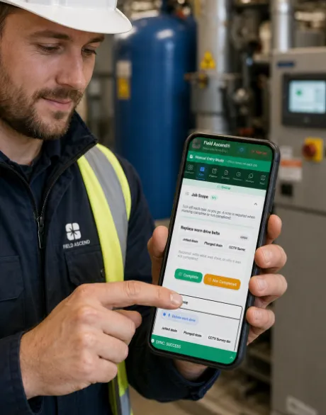 Mobile job management software for trade technicians showing work order details, notes, photos and completion actions