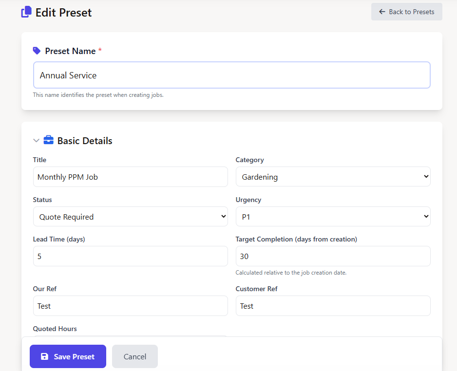 Job preset template editor in Field Ascend field service management software