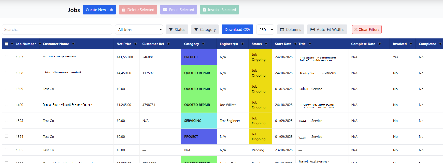 Field Ascend jobs list showing job status, quotes and invoicing workflow