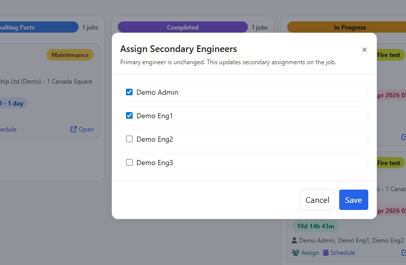 Kanban board engineer assignment panel showing primary and secondary engineer selection with push notification